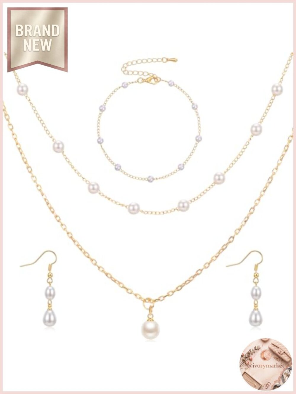 Gold Plated Pearl Necklace Earring Bracelet Set Wedding Bridal Jewelry